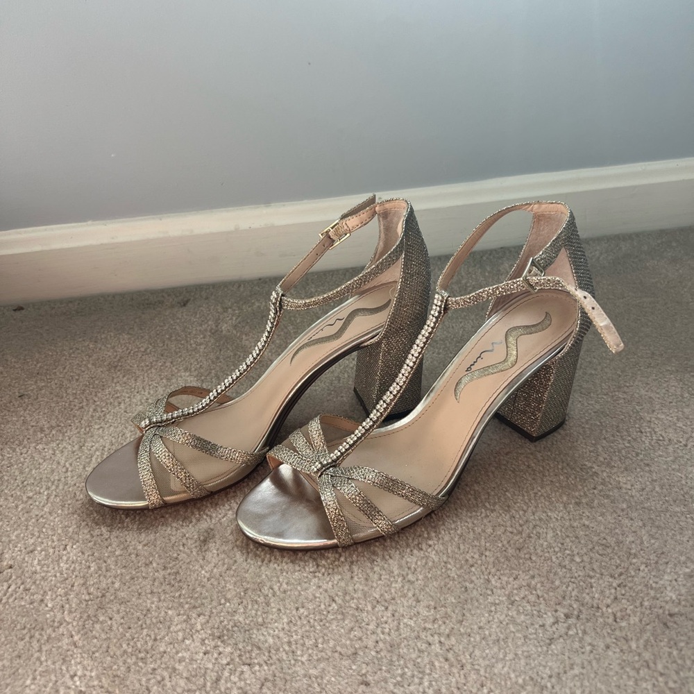 Women’s Metallic Gold T-Strap Block Heel Sandals